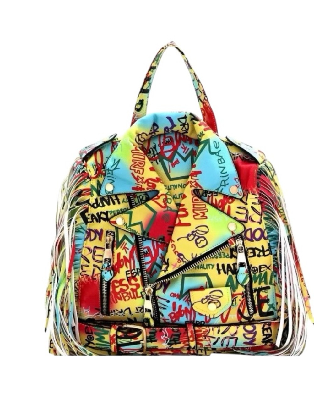 GRAFFITI PRINT NOVELTY JACKET MULTICOLOR FRINGE BACKPACK PURSE
